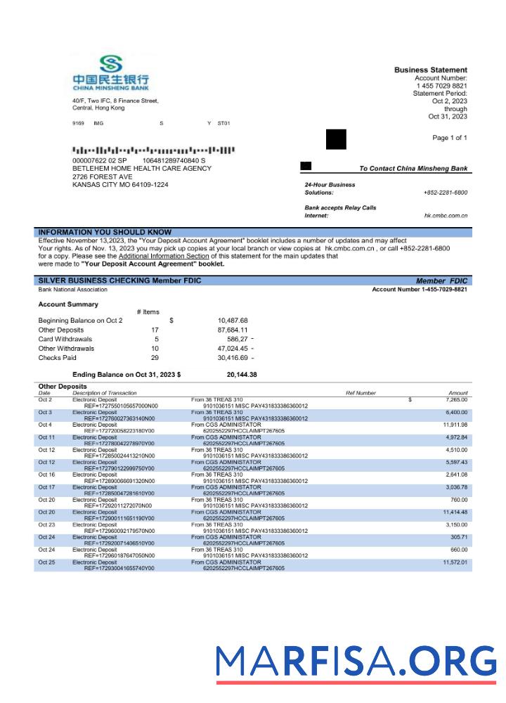 Downloadable China Minsheng Bank firm account statement Word and PDF template